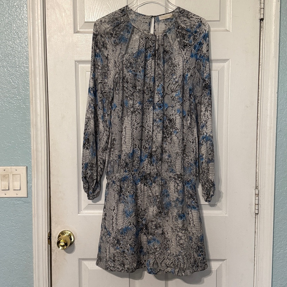 Ramy Brook Silk Blouson Long Sleeve Mini Dress Blue Gray Snake Print Medium
